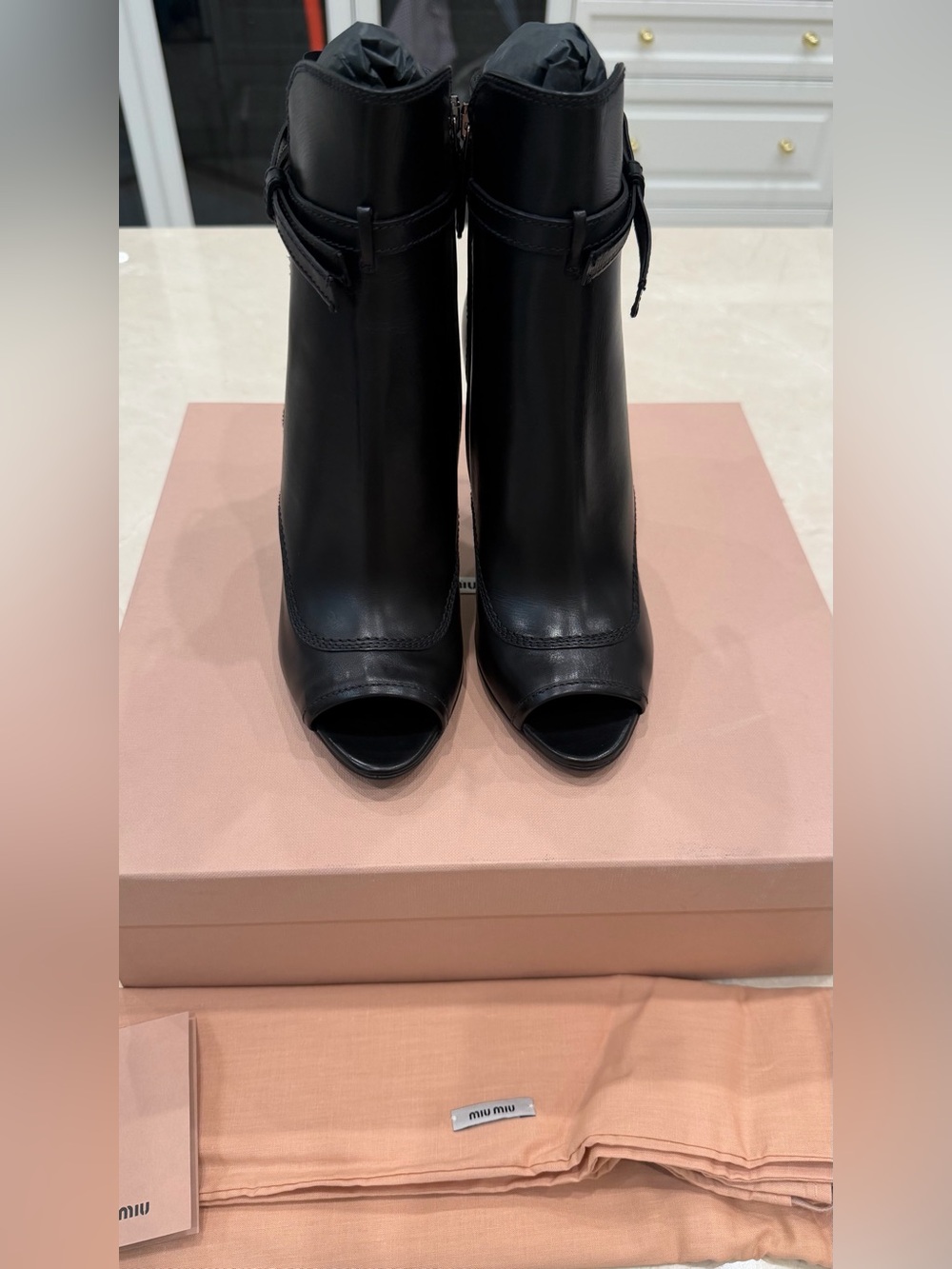 MIU MIU Open Toe Boots in black Leather; Size 37